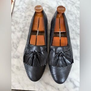 Santoni Black Leather Tassel Loafers